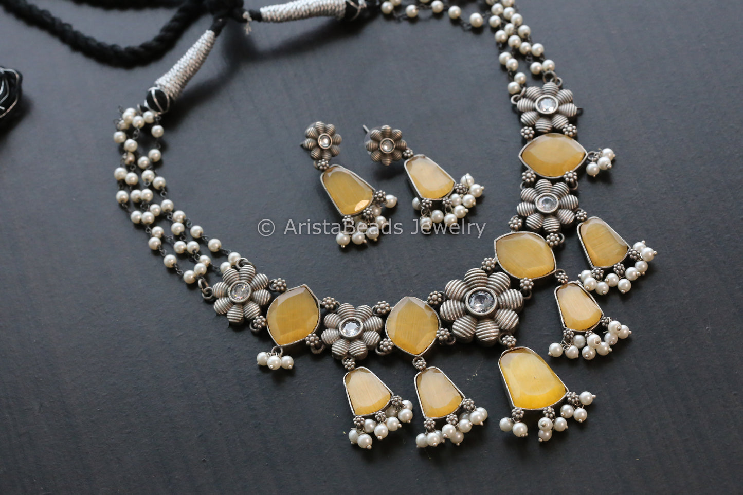 Multistrand Pearl Oxidized Necklace -Yellow
