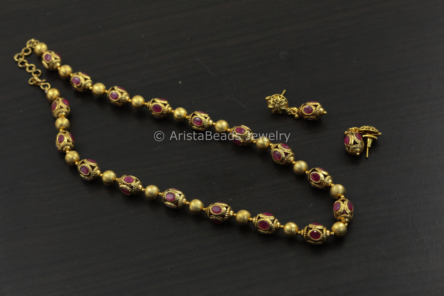 Antique Gold Ruby Beaded Necklace Set