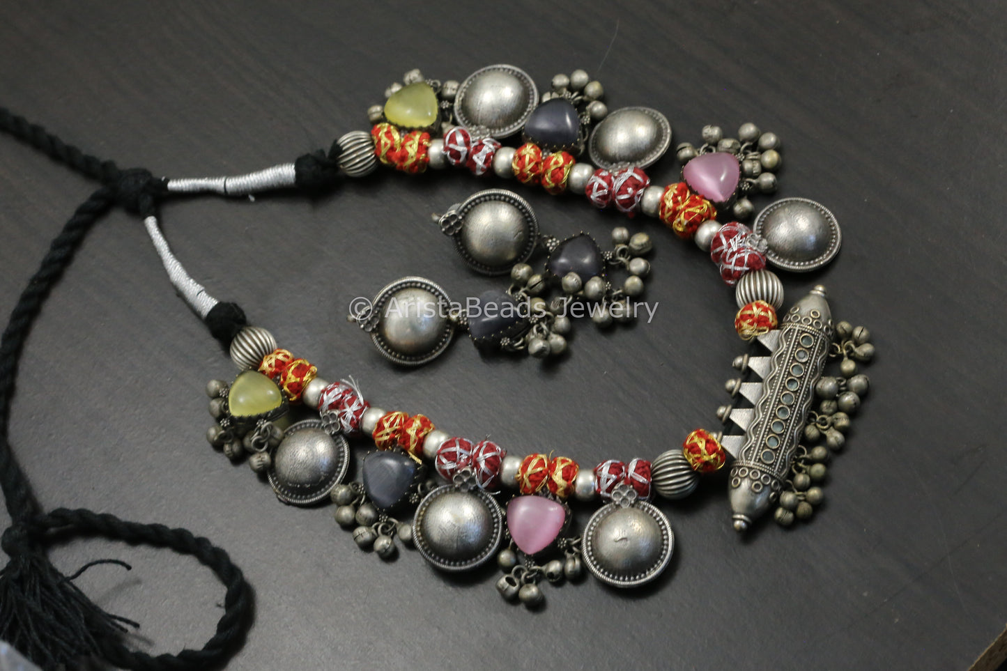 Amrapali Silver Look Alike Tabeez Necklace Set -Red Pink