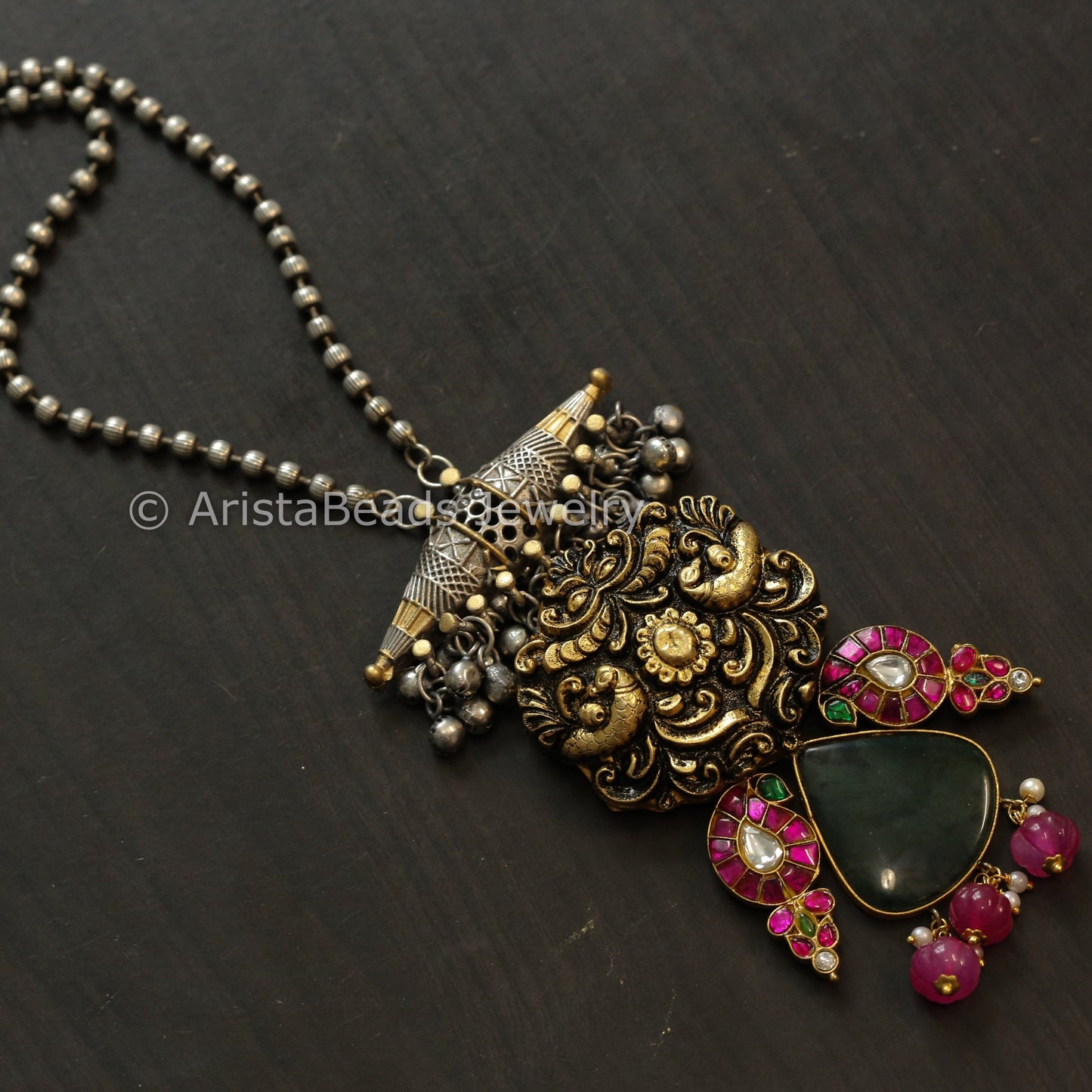 Silver Replica Dual Tone Quartz & Jadau Necklace