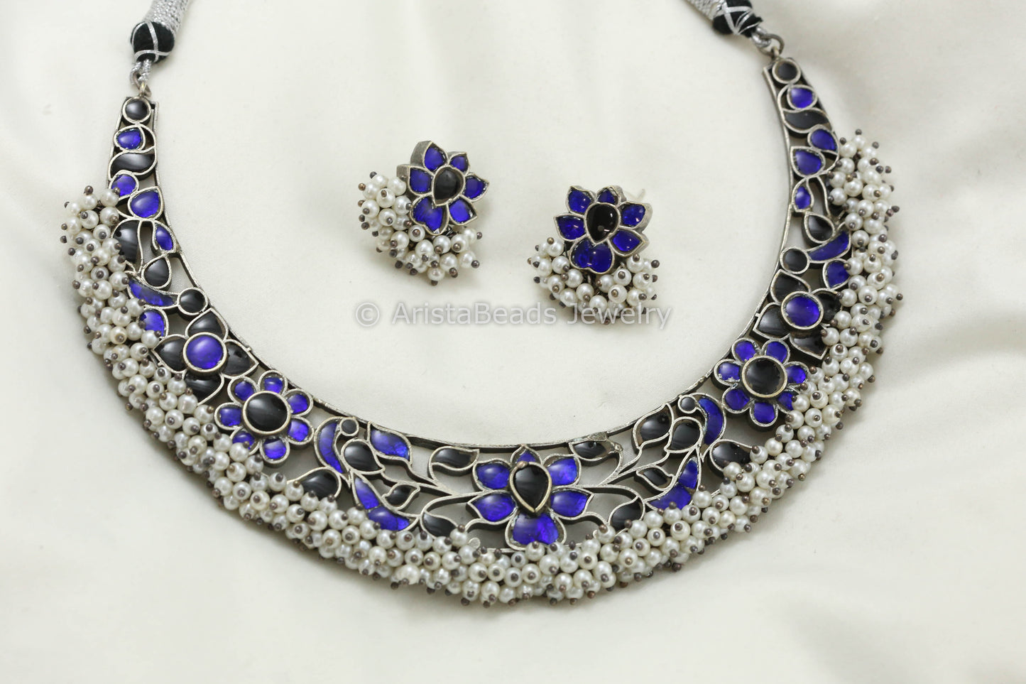 Silver Finish Jadau Hasli Necklace Set - Blue