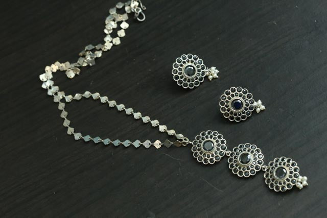 Silver Look Long Necklace Set - Black
