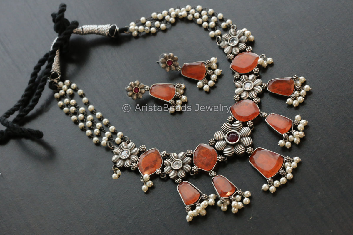 Multistrand Pearl Oxidized Necklace -Orange
