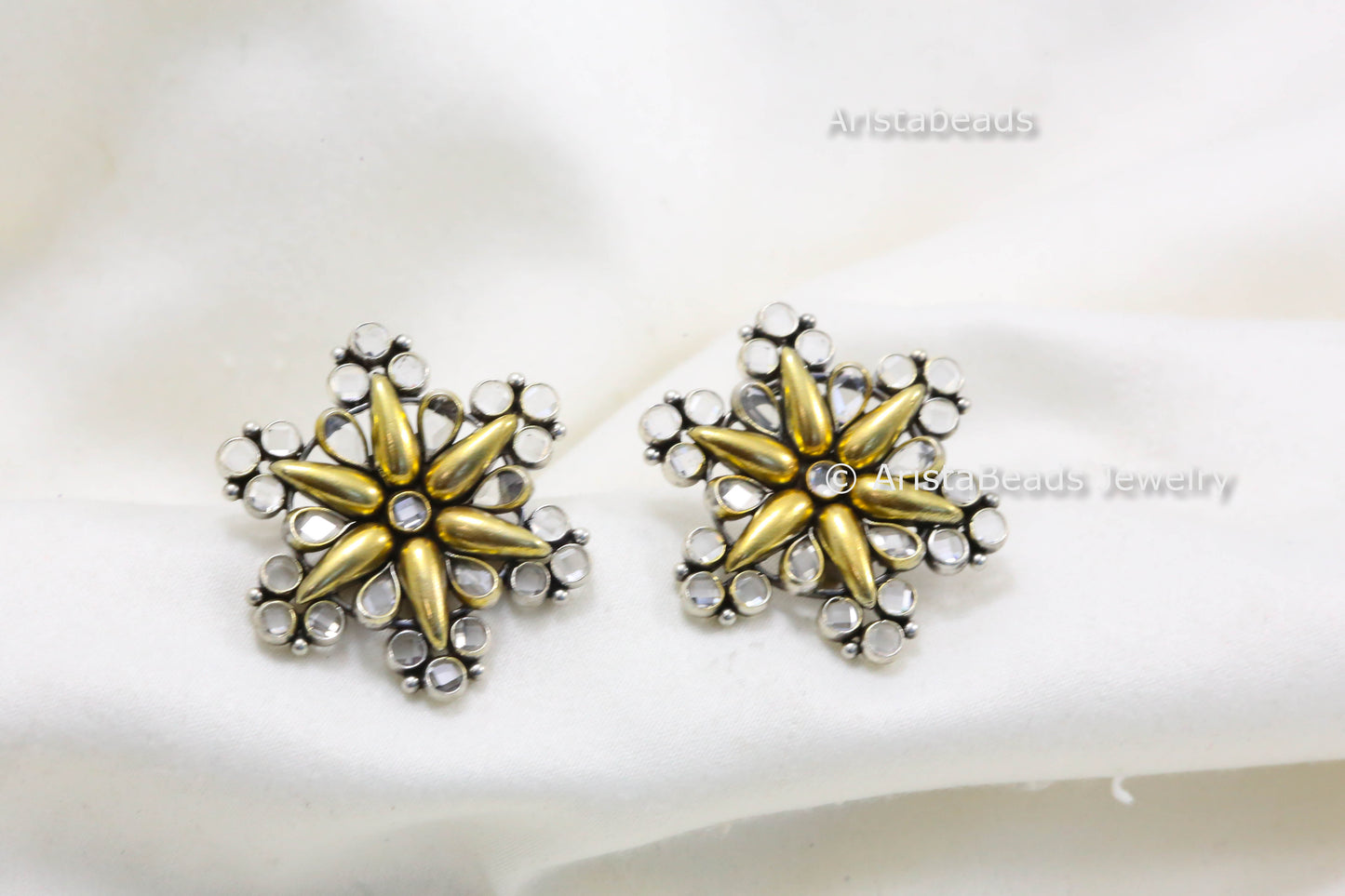 Tara 925 Sterling Silver Dual Tone Polki Studs