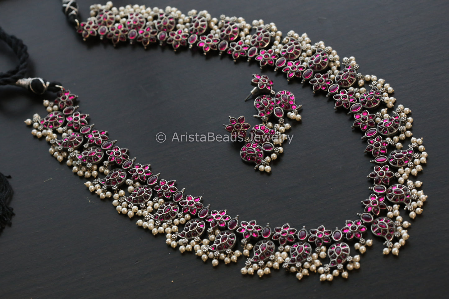 Long Kemp Oxidized Guttapusalu Necklace Set