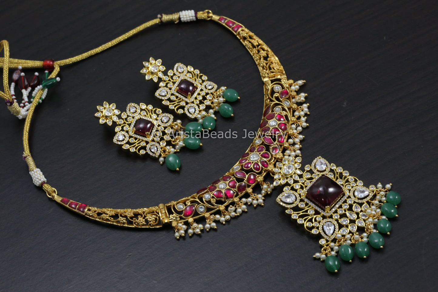 Dainty Jadau Kundan Hasli Set With CZ & Pota Stone - Ruby