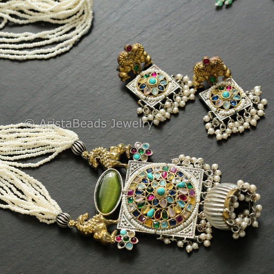 Handmade Dual Tone Jhumka Necklace Set - Navratan