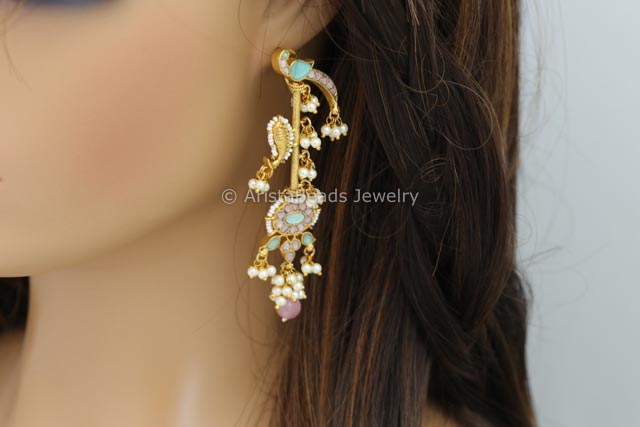 Long Fine Jadau Kundan Work Earrings - Turquoise