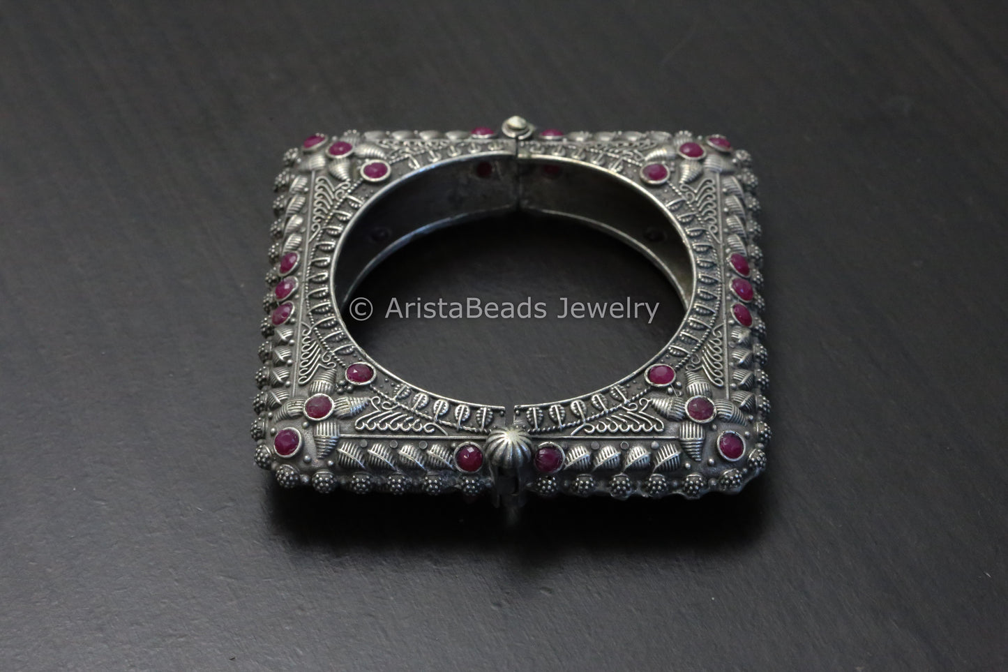 Silver Look Oxidized Square Bangle (Openable) - Red