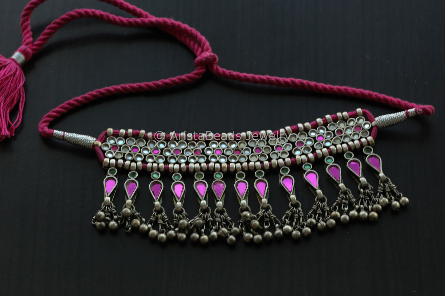 Darpan Oxidized Real Glass Necklace- Pink Green Clear