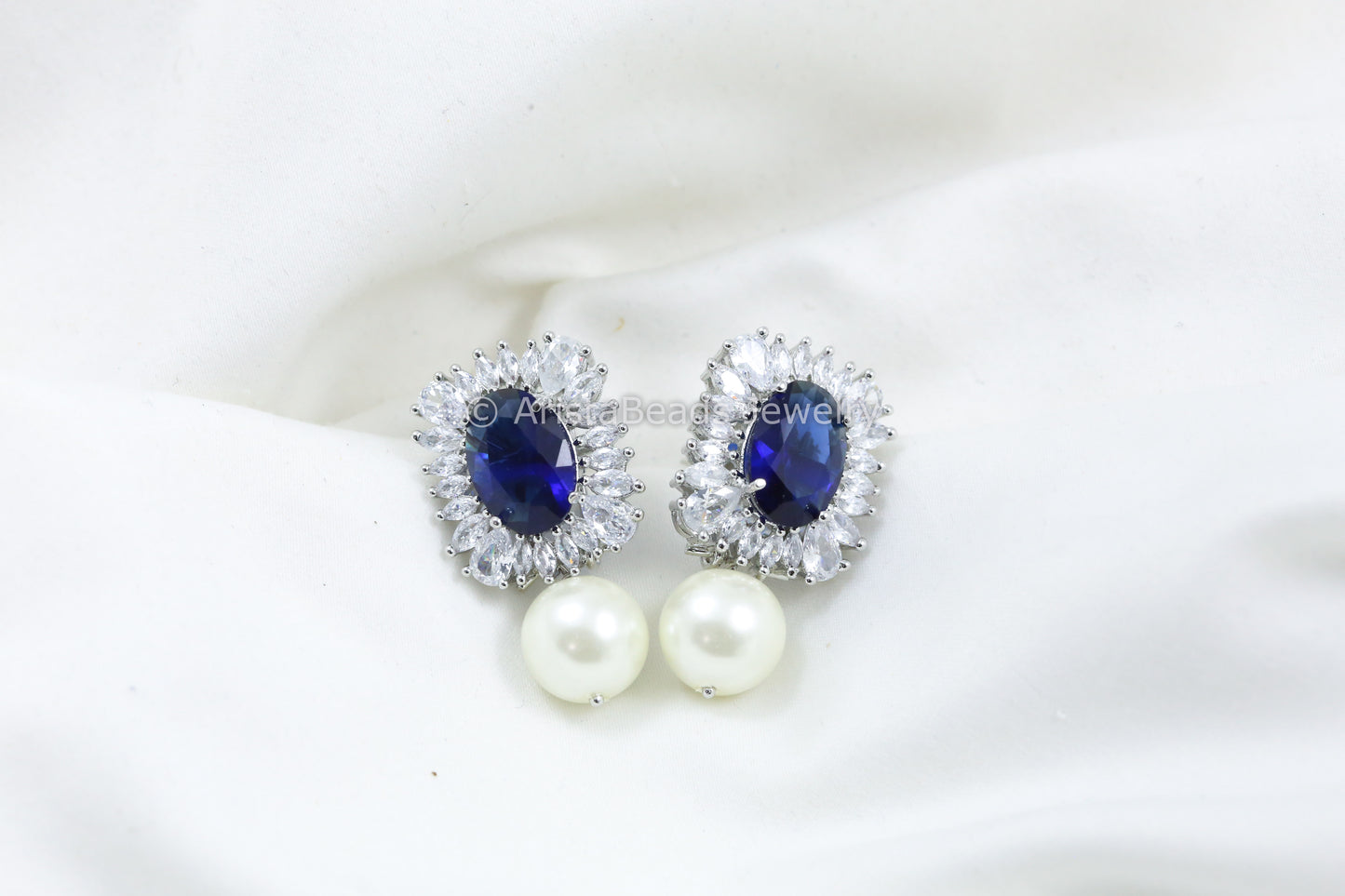 Ink Blue CZ Earring With Pearl Drops