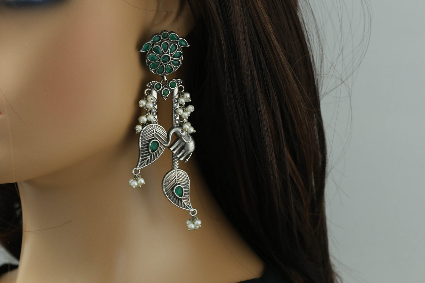 Green Silver Look CZ Earrings