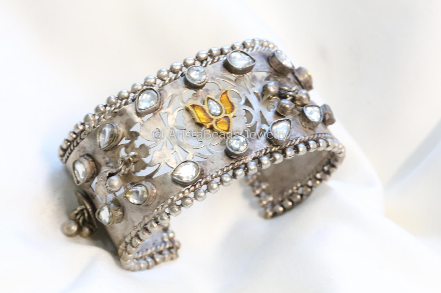 Handmade 925 Silver Plated Kundan Bracelet - Yellow