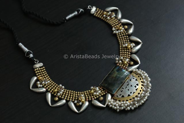 Real Labradorite Stone Silver Replica Necklace - Gold Drops
