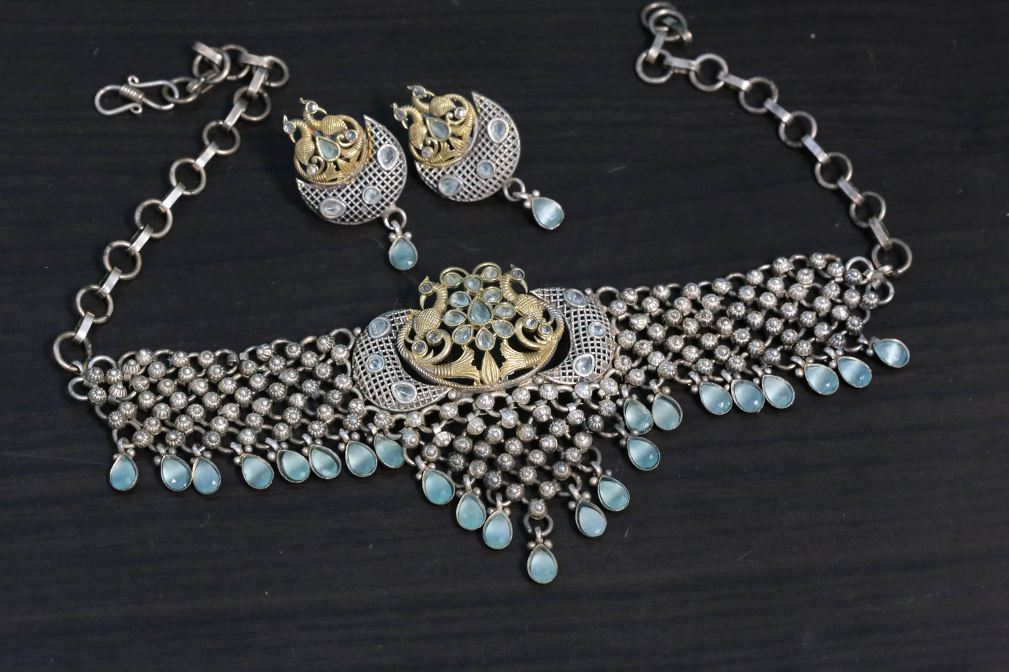 Mint CZ Drops Flexible Oxidized Necklace Set