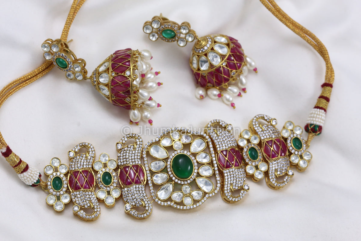 Moissanite Kundan Polki & Pota Stone Choker Set - Multi