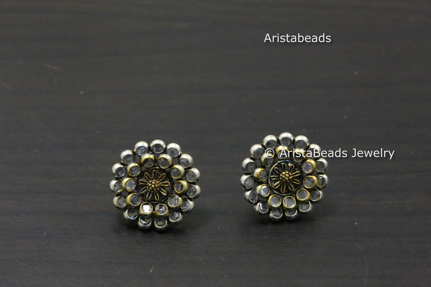 Small 925 Sterling Silver Dual Tone Polki Studs