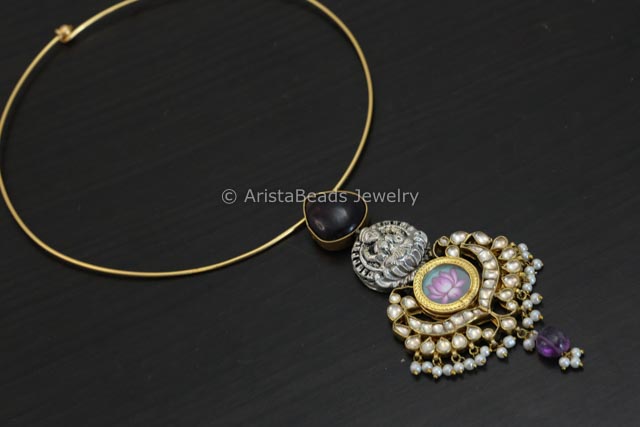 Jadau Kundan Pendant Hasli Necklace - Amethyst
