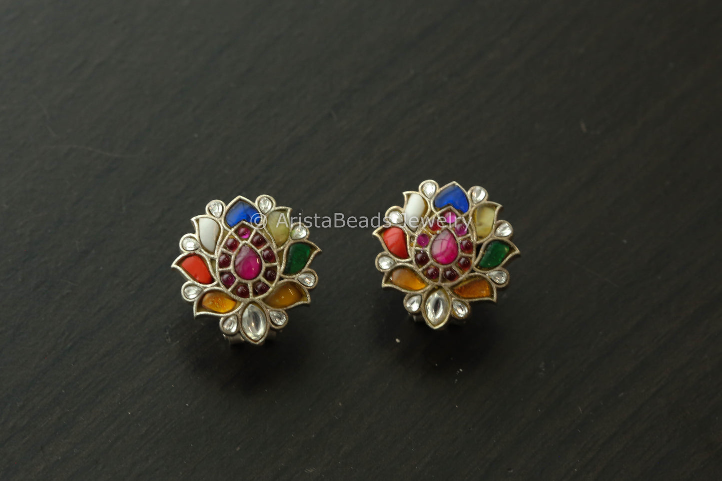 Silver Finish Navratan Jadau Studs
