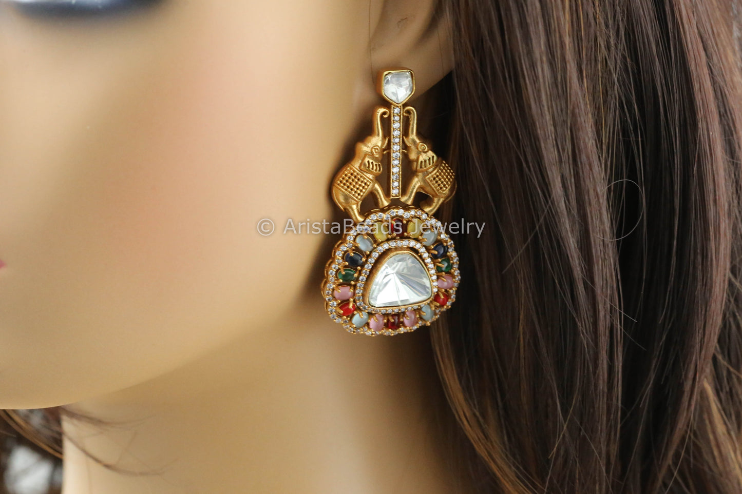 Uncut Polki Antique Earrings - Multicolor