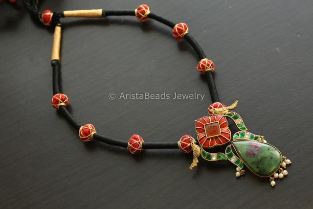 Jadau Kundan Thread Hasli Necklace - Coral