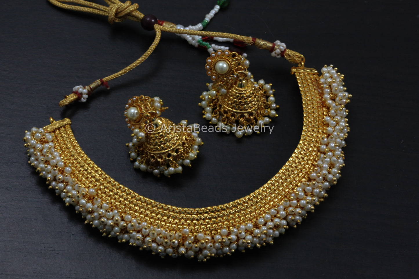 Gajra Style Gold Pearl Necklace  Set