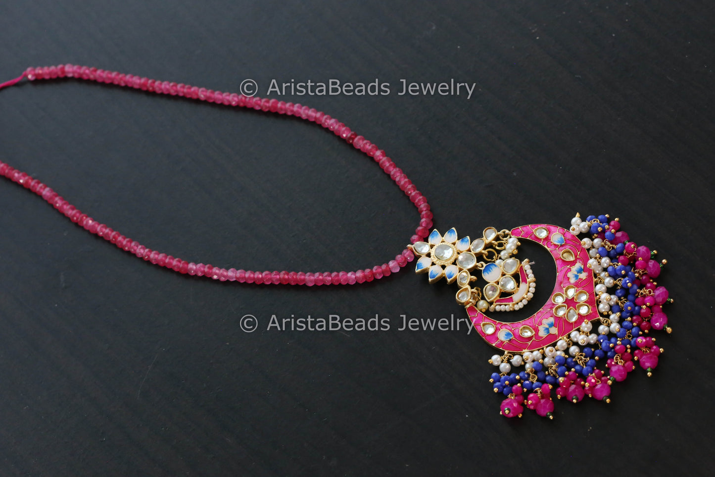 Handmade Mala Necklace With Enamel Pendant - Pink