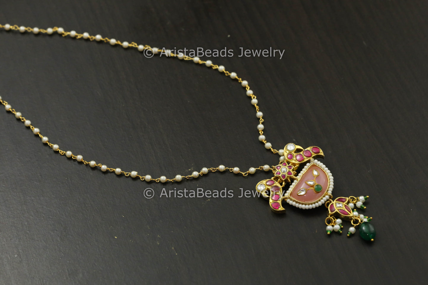 Dainty Pink Jadau Kundan Pendant Necklace