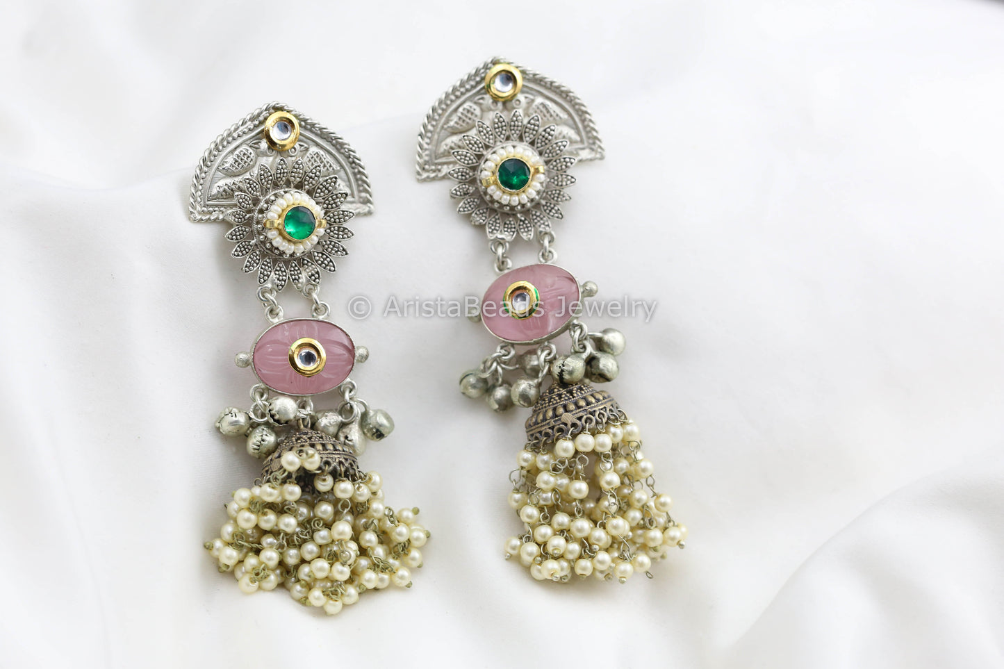 925 Silver Polish Kundan Jhumka - Pink Carved Stone