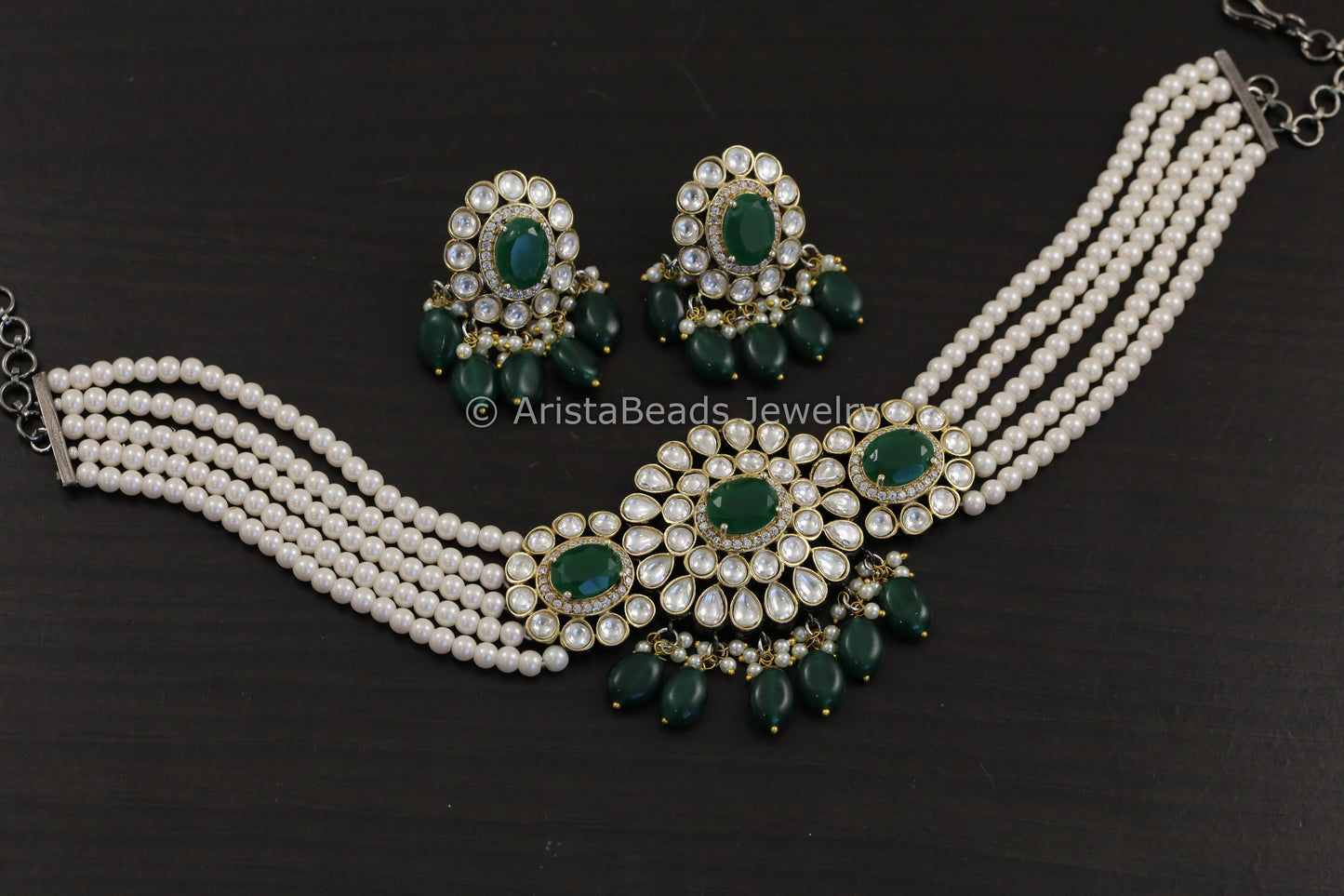 Uncut Kundan Victorian Finish Green Choker Set