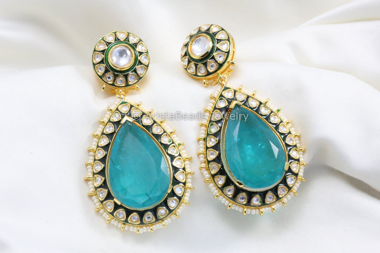 Extra Large Enamel, Uncut Polki & Doublet Stone Earrings - Aqua