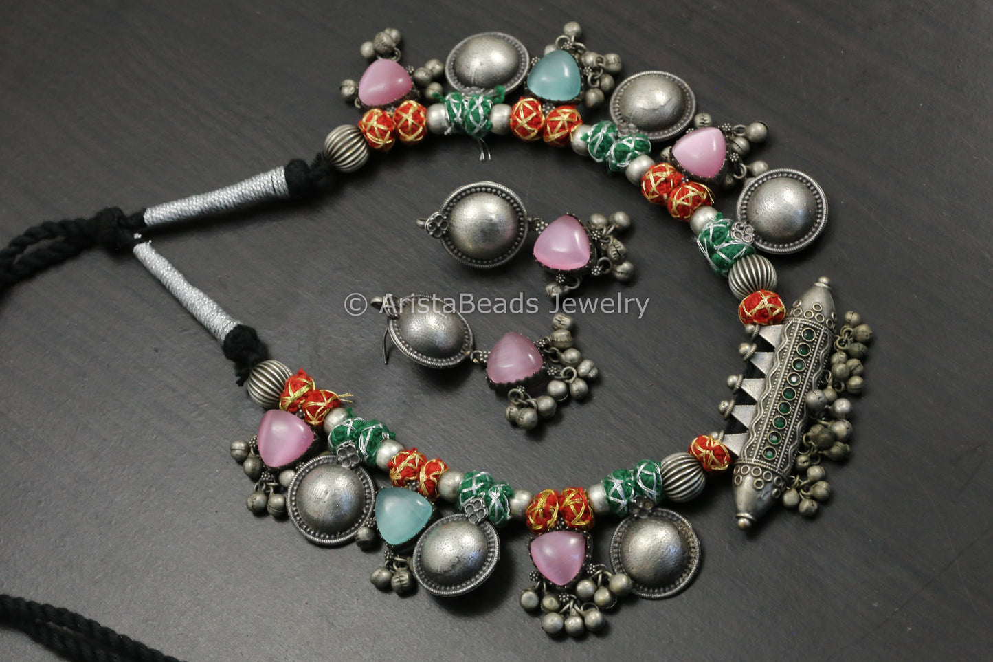 Amrapali Silver Look Alike Tabeez Necklace Set -Red Green