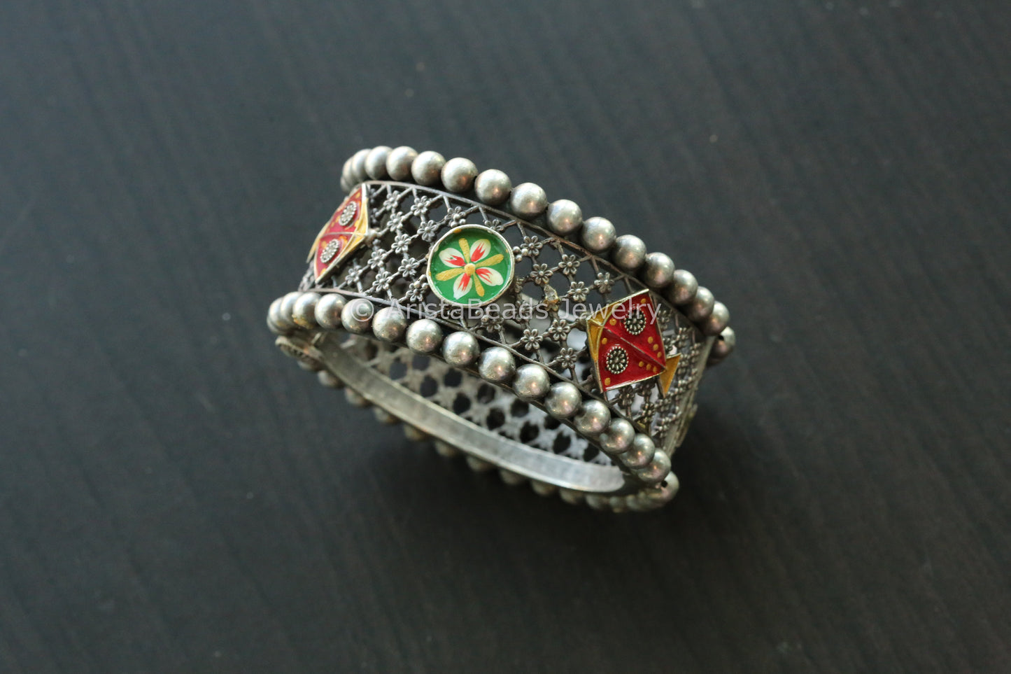 Enamel Oxidized Silver Look Bangle - Green Red