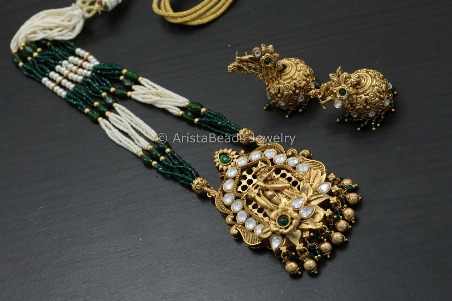 Shri Krishna Kundan Polki Necklace Set - Green