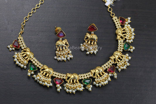 Gold CZ & Elephant Necklace Set - Multi