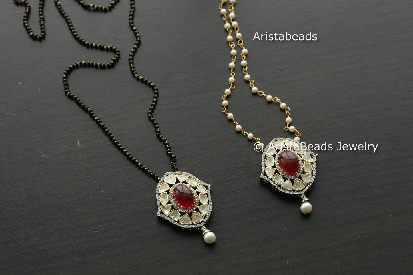 Dainty Ruby Doublet Moissanite Polki Beaded Necklace