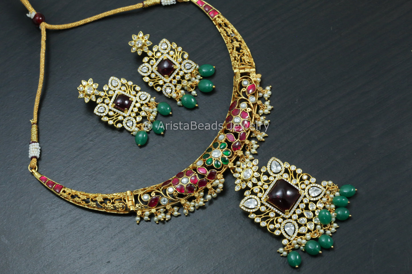 Dainty Jadau Kundan Hasli Set With CZ & Pota Stone - Multi