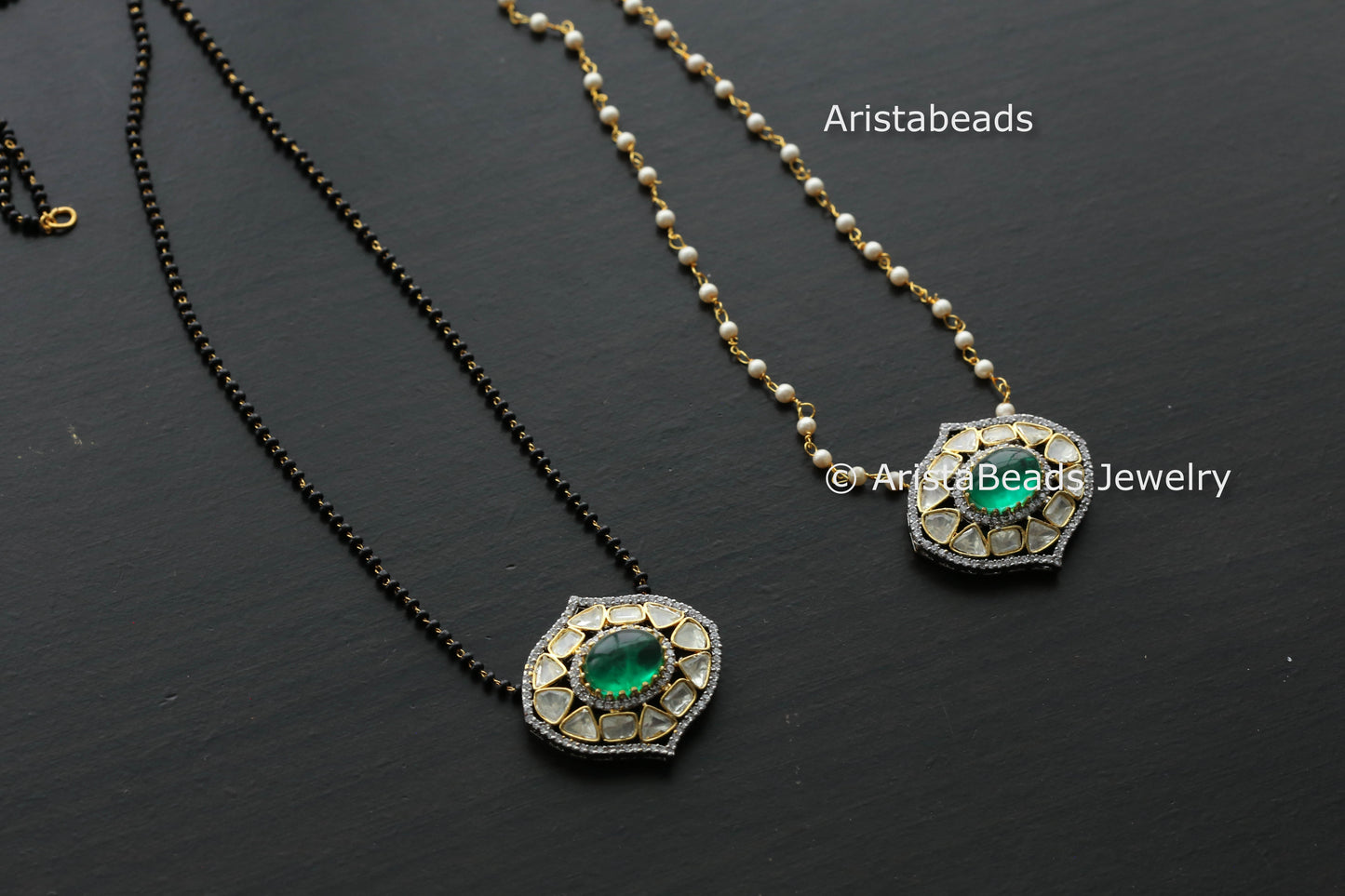 Dainty Green Doublet Moissanite Polki Beaded Necklace