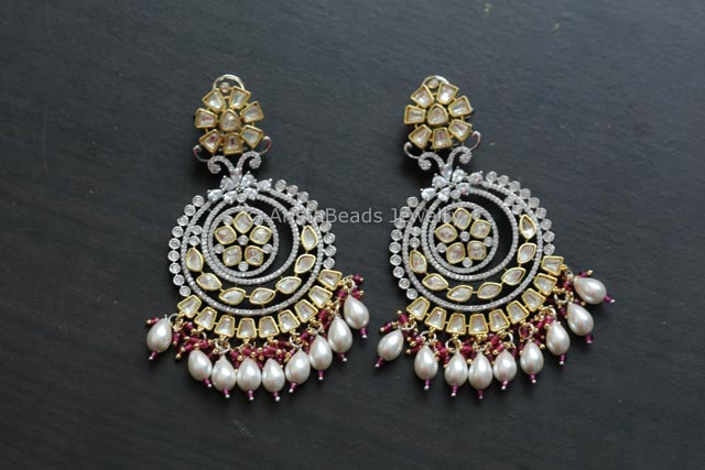 Uncut Kundan Polki Chandbaali - Red