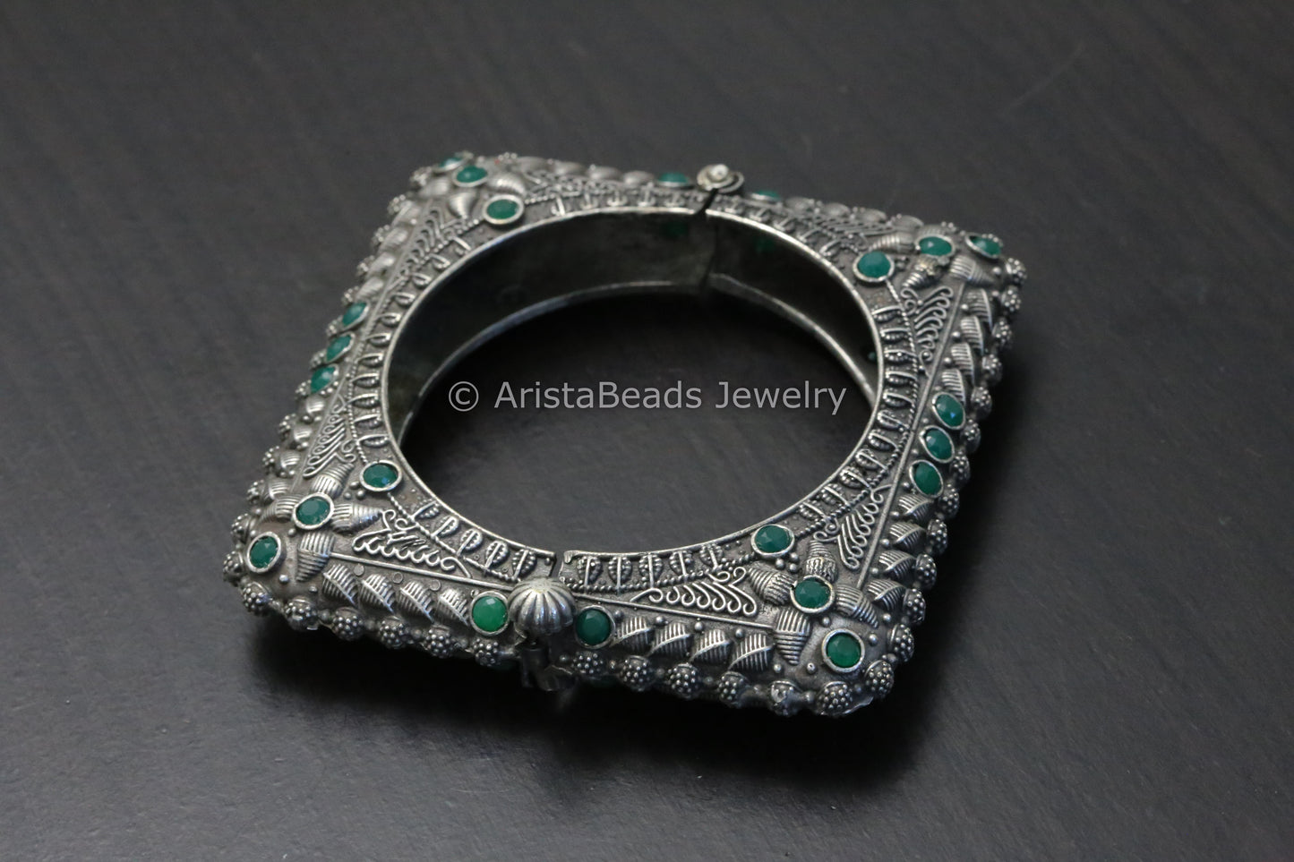 Silver Look Oxidized Square Bangle (Openable) - Green