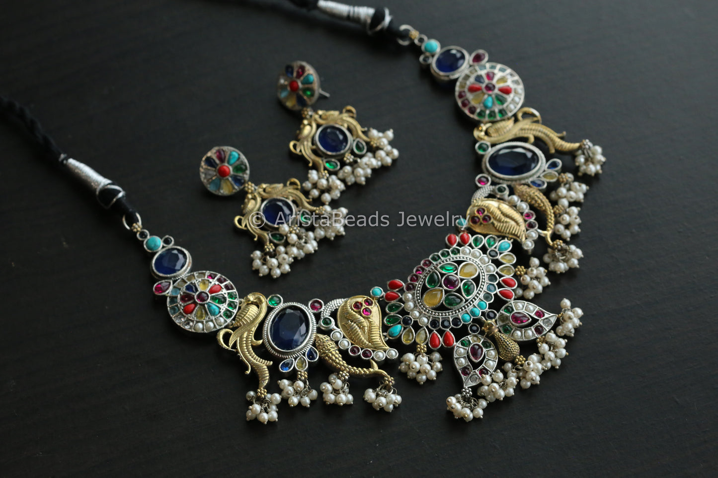 Dual Tone Kemp Stones Necklace Set - Navratan