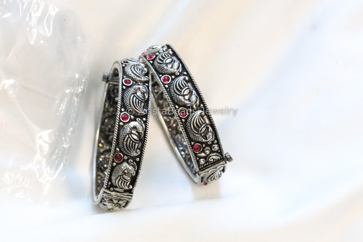 Silver Look Nakshi Peacock Bangle Set (2.6 openable)