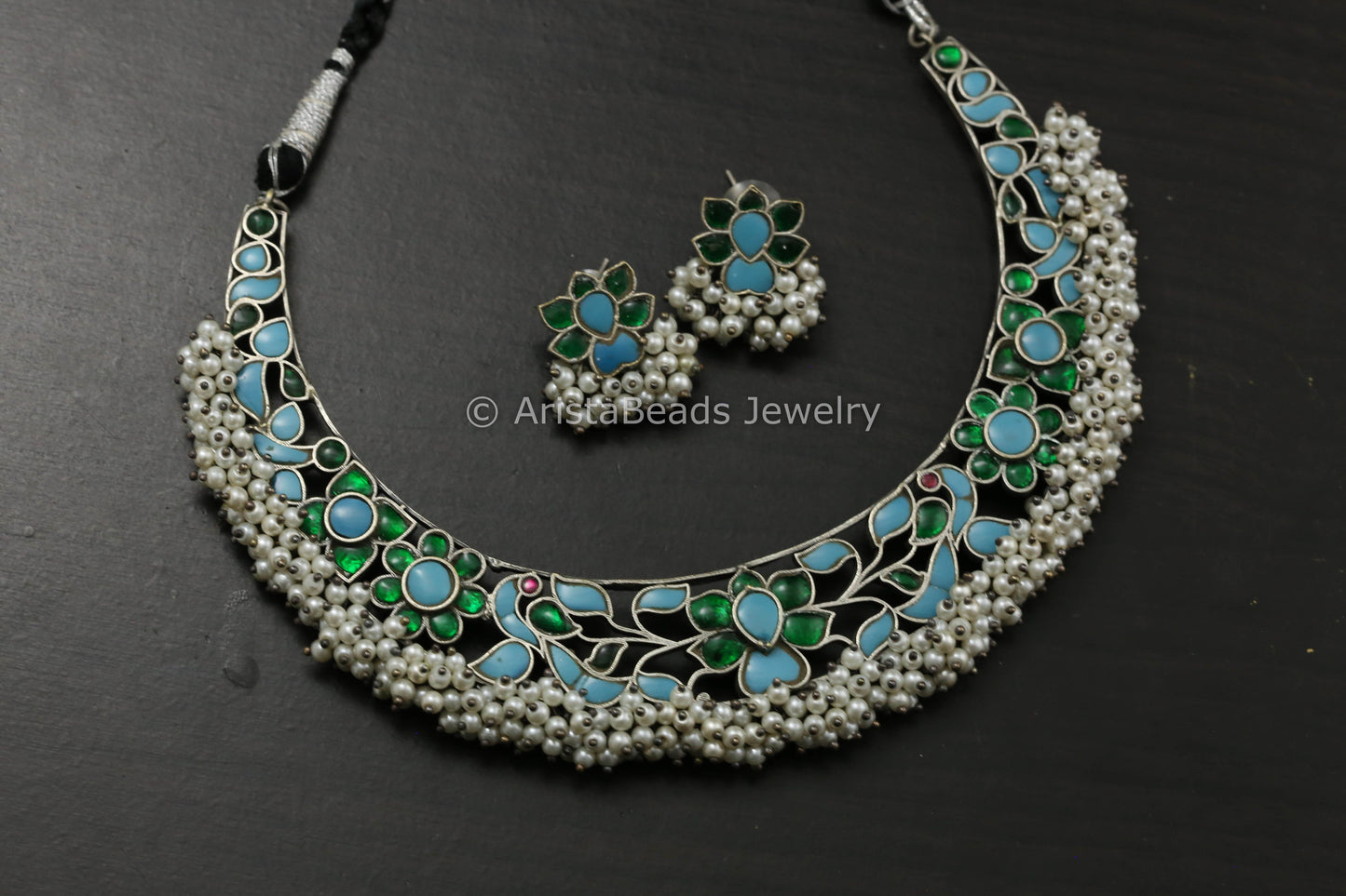 Silver Finish Jadau Hasli Necklace Set - Turquoise Green