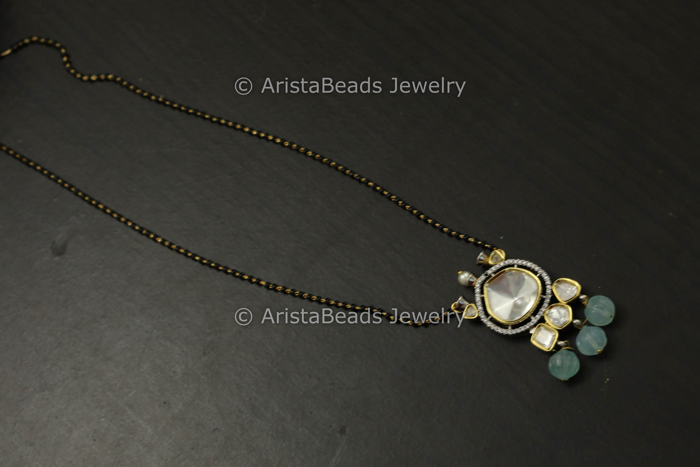 Black Bead Polki Pendant Mala - Mint Melon Drops
