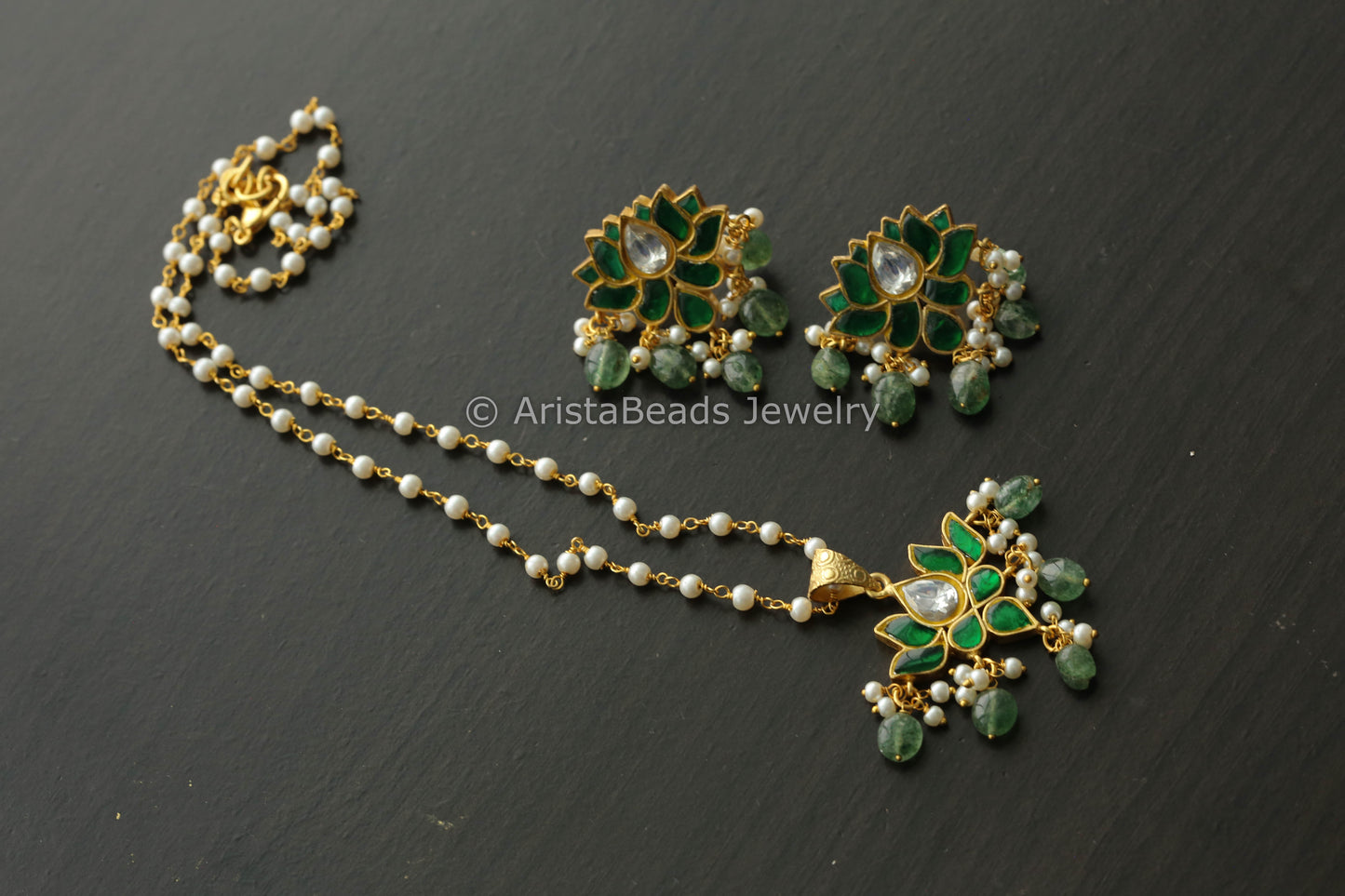 Silver Look Jadau Kundan Lotus Earrings - Green