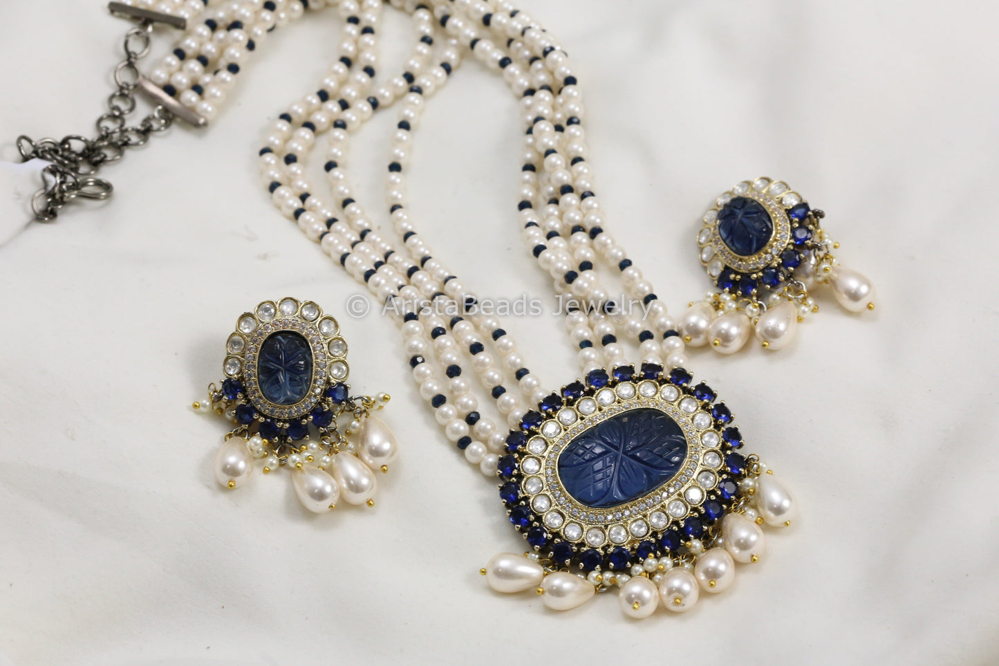 Carved Blue Stone, Micro CZ & Kundan Necklace In Peal Mala