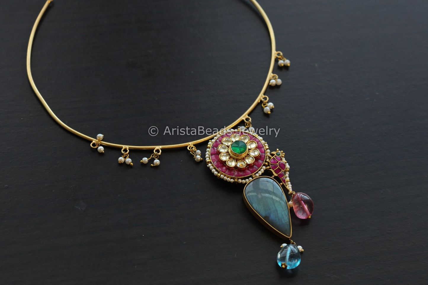 Silver Replica Labradorite Jadau Hasli Necklace