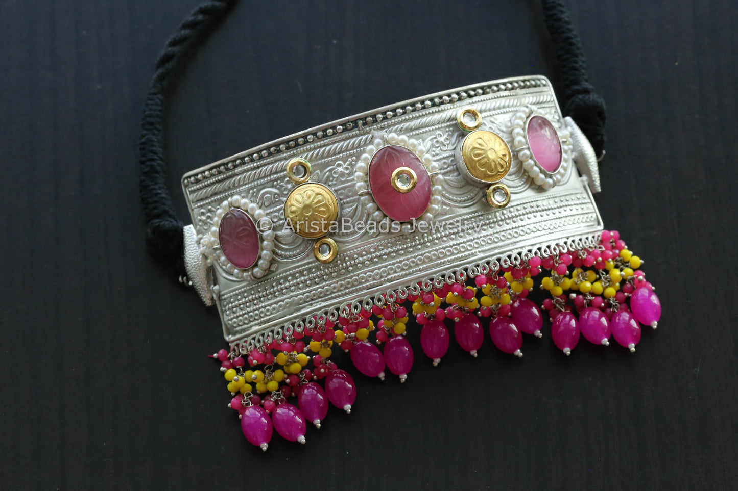 Silver Polish Choker - Hot Pink Drops