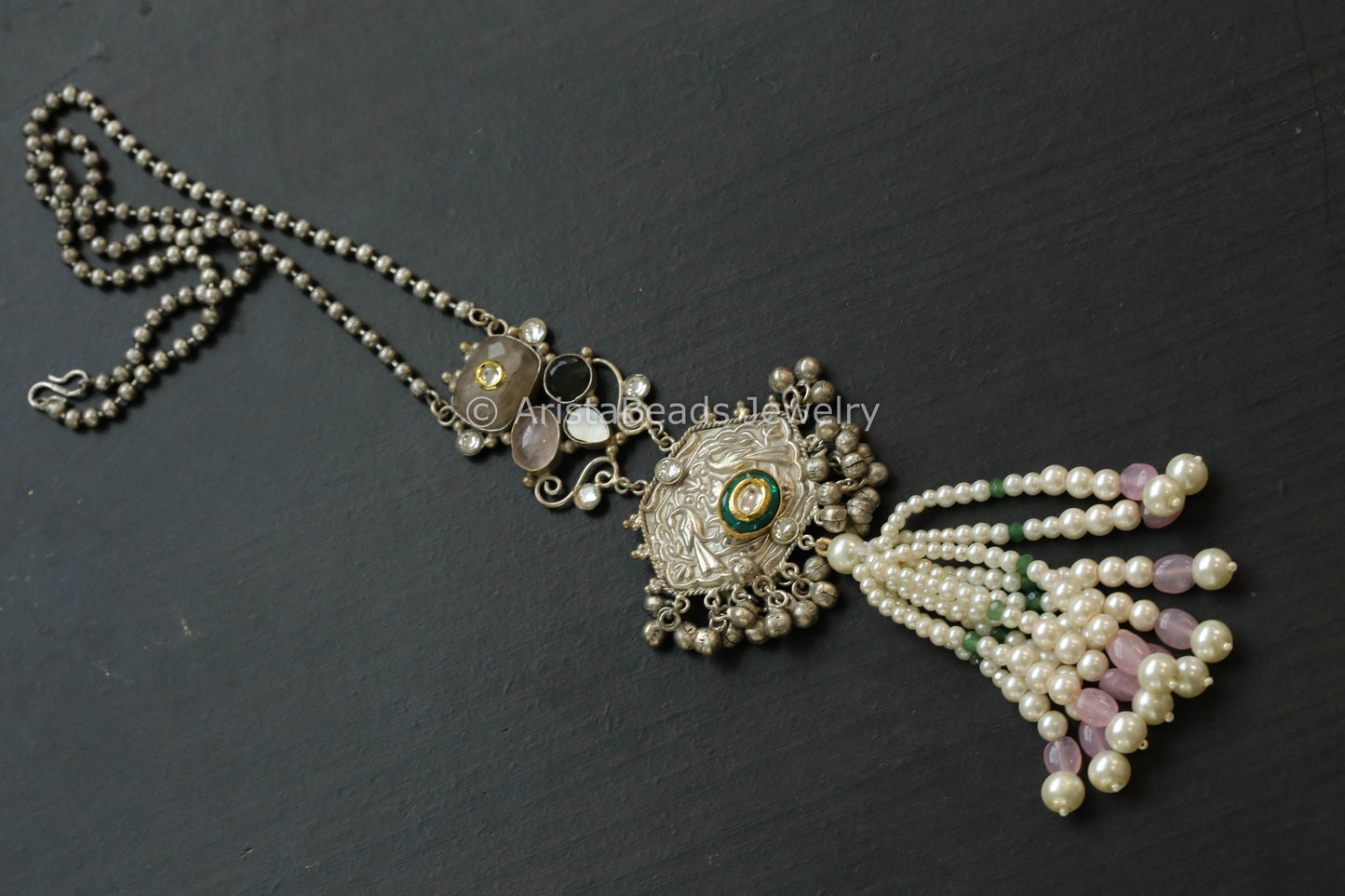 92.5 Silver Polish Kundan & Semiprecious Stones Necklace - Style 2