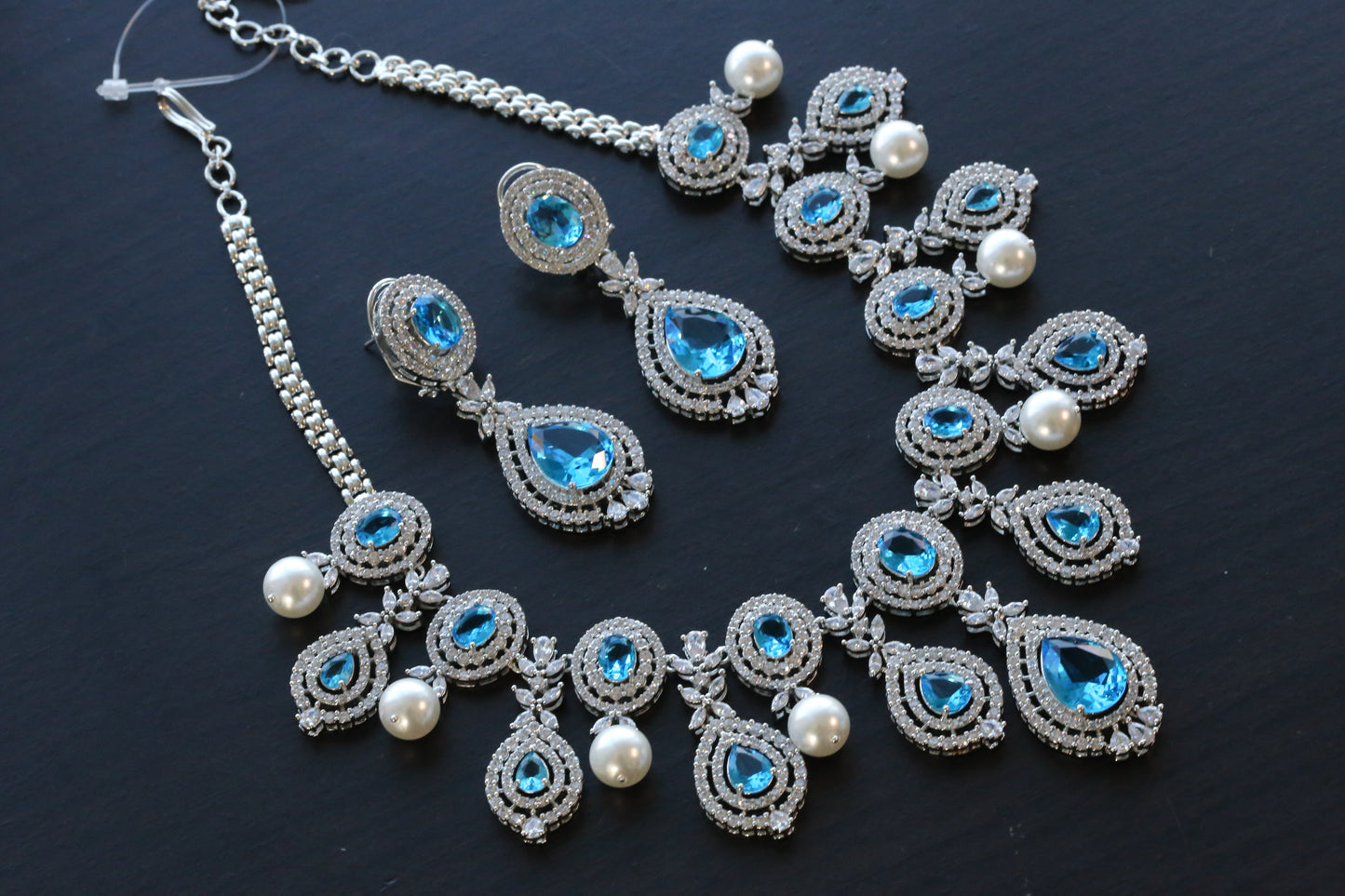 Topaz Blue CZ & Pearl Necklace Set
